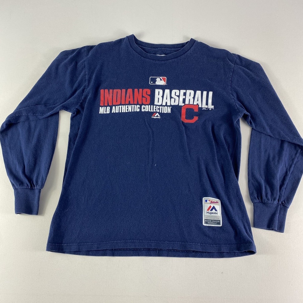 Cleveland Indians T-Shirt Mens Medium Blue Graphic MLB Long Sleeve Majestic